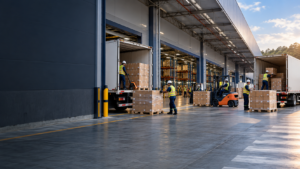 Cross-docking no transporte de cargas: equipe carregando caminhões na doca do centro de distribuição